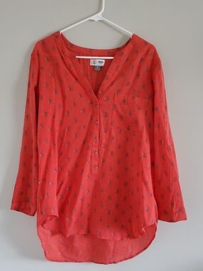 Old Navy Coral-Red Floral Henley Relaxed Fit Cotton Tunic Sz L Summer Beach